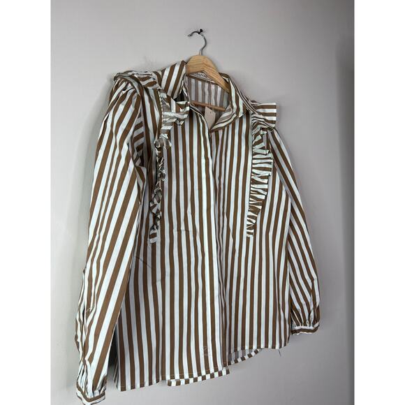 NWT The Femm Long Sleeve Brooke Stripe Ruffle Poplin Blouse Top Brown and Cream - Picture 3 of 8